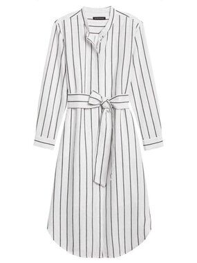 Striped White & Black Linen-Blend Belted Shirt Dress Small Banana Republic